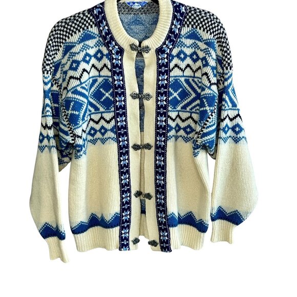 Scan Alp New Zealand Vintage Nordic Fair Isle 100% Wool Cardigan Sweater Pewter - Picture 5 of 11